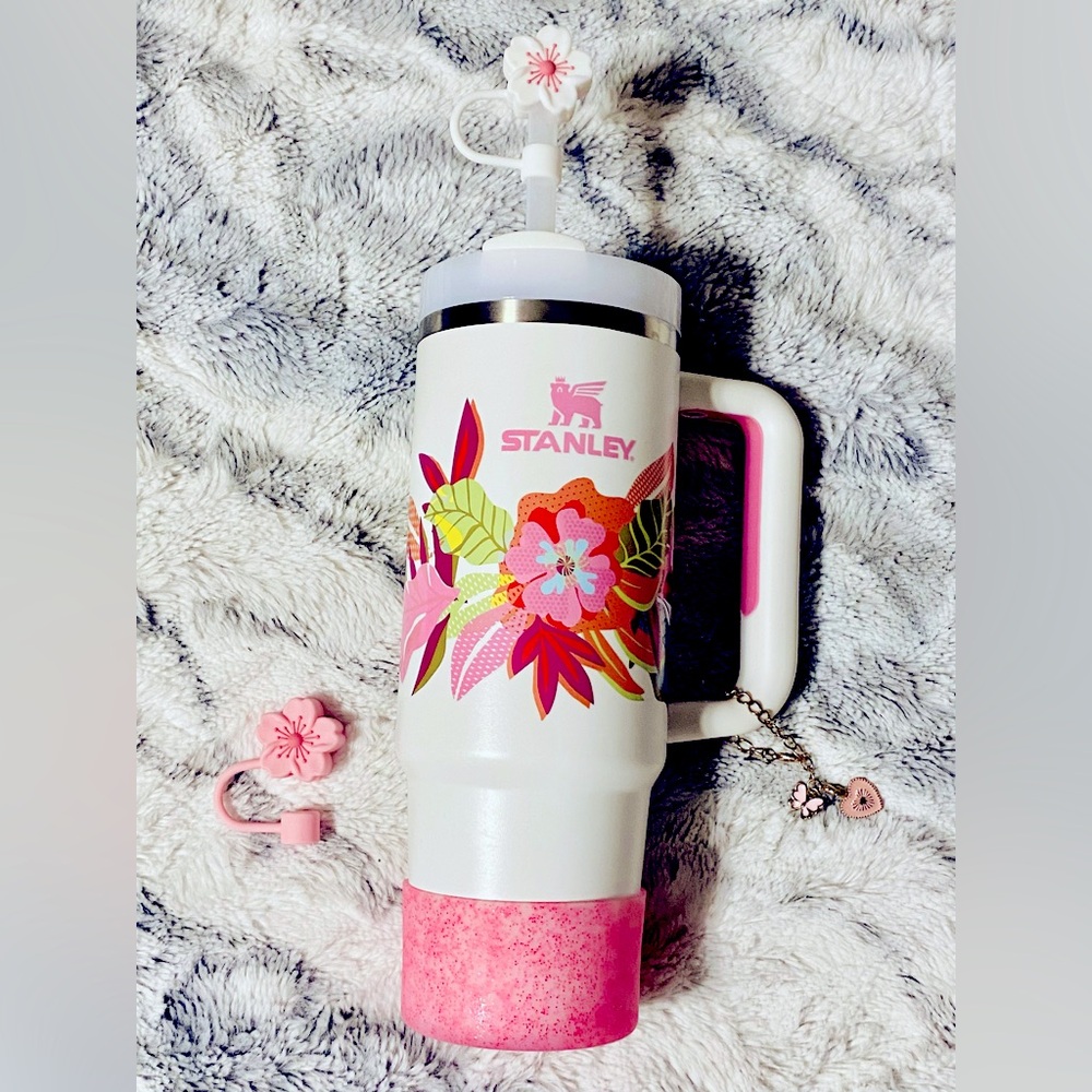 Floral White Stanley Quencher Tumbler H2.0 30oz 2024 Mothers Day w/ Accessories